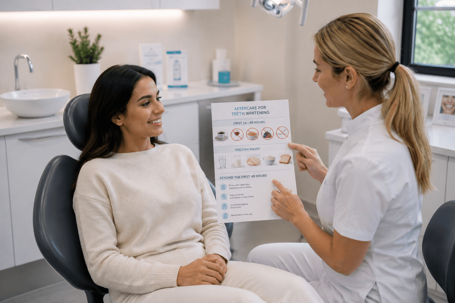 Consultant explaining professional teeth whitening aftercare instructions and maintenance guide to client for optimal and lasting results